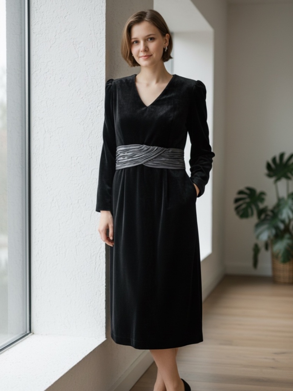 Vintage Maggie Boutique  black velvet long sleeve dress with Satin waist size 14